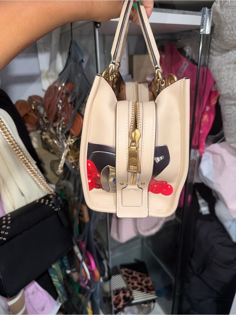 Cream Leather Top-Handle Satchel with Red Accent